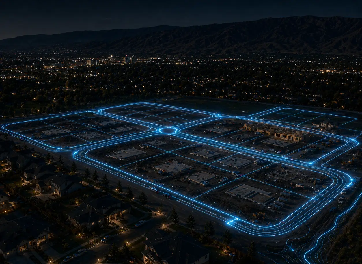 Aerial view of a recently completed Bailey Engineering subdivision