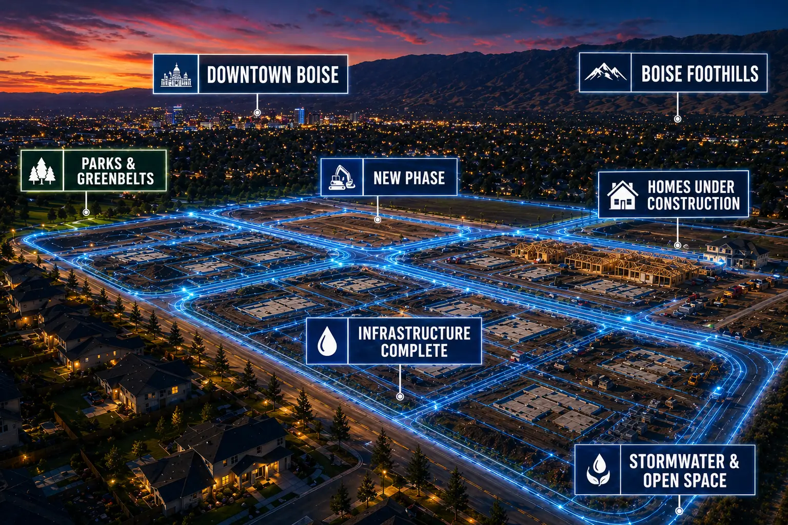 Aerial view of an active Bailey Engineering land development site in Southern Idaho